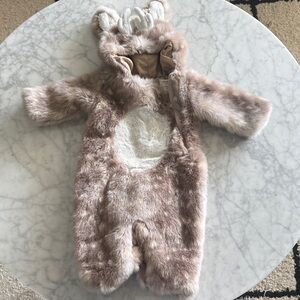 Pottery Barn Kids Reindeer Faux Fur One-Piece Romper - Taupe & Cream costume 6M
